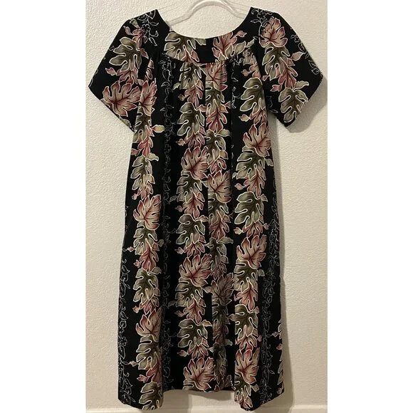 Hawaiian Original Women's M Black Dress Floral Short Sleeves Hawaii MuuMuu - Picture 2 of 6
